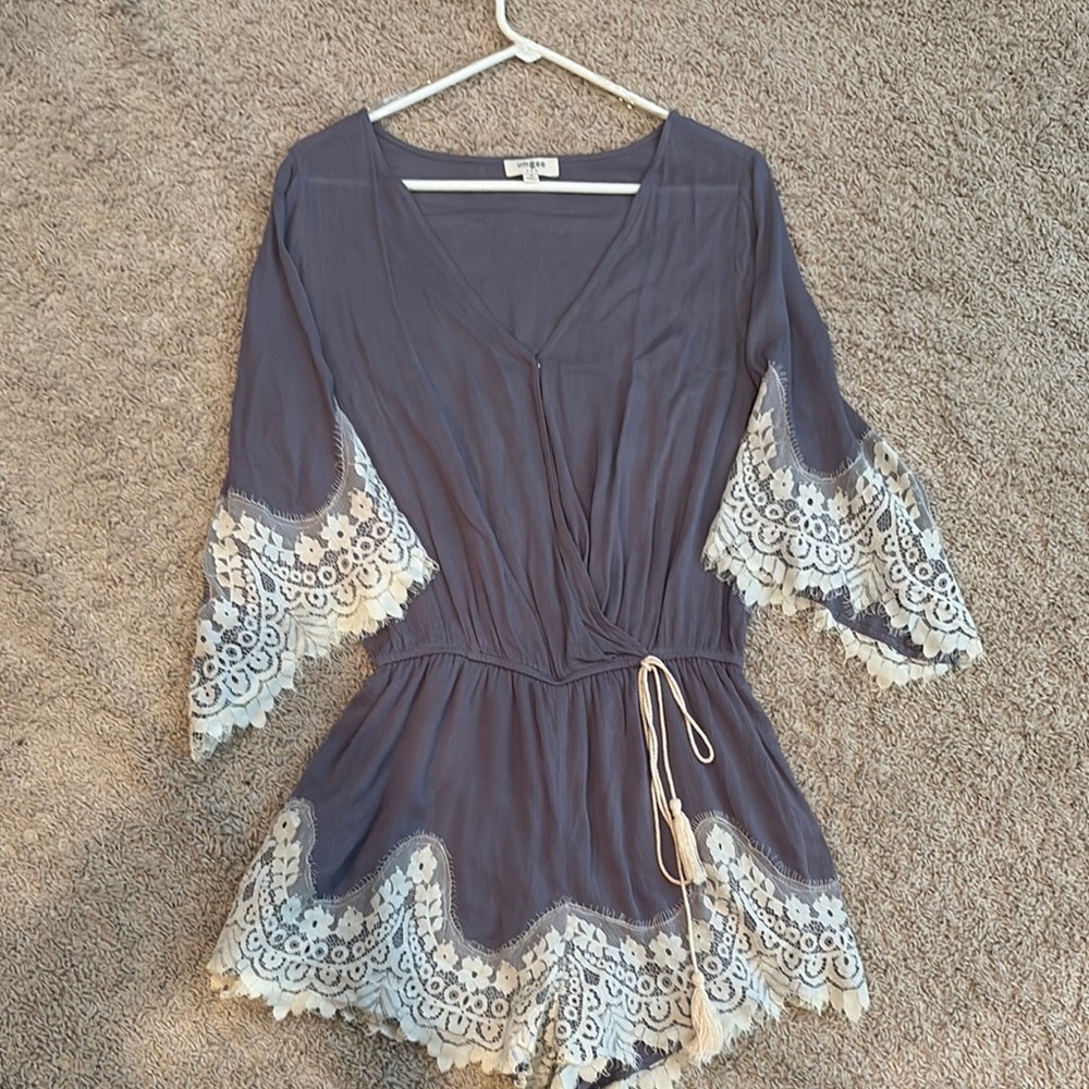 Lace Trim Romper in Gray and Cream